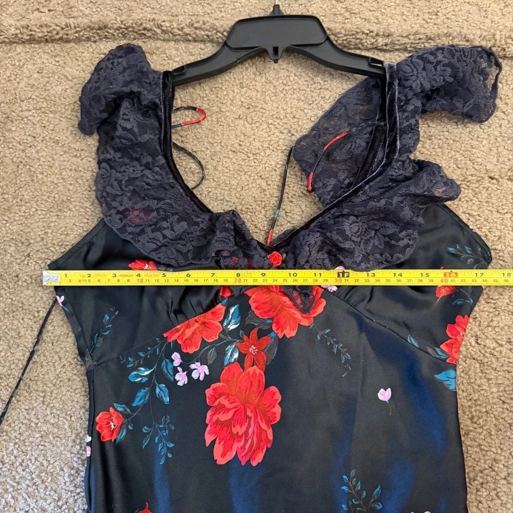 Free People Dark Romance Lace Trim Floral Satin Maxi Dress Black Red Rose V-Neck